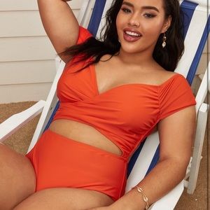 strapless orange cutout one-piece bathing suit